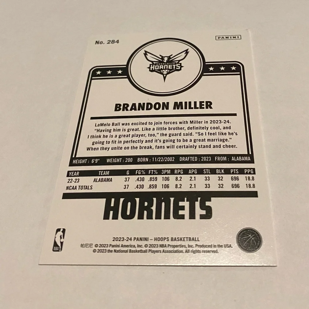 Brandon Miller RC Rookie 2023-24 NBA Hoops Panini # 284 Charlotte Hornets